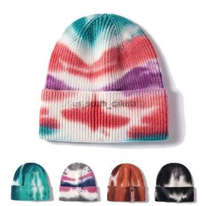 Beanie/Skull Caps Tie Dye Color Color Kinit Beanie Hat Winter暖かいトレンディソフトストレッチBeanie Acrylic Skully Cap Outdoor Keep Warm Fashion L0825