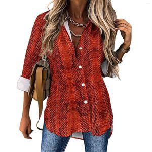 Damenblusen, rote Schlangenleder-Druckbluse, weiblich, Retro-Tier-Streetwear, lockere Herbst-Langarm-Vintage-Hemd, individuelle Tops, große Größe