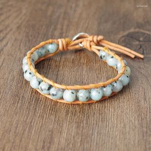 Charm Bracelets 8mm Light Blue Spot Stone Beads Wrap Leather Strand Bracelet Handmade Boho Party Women Men Jewelry Gift