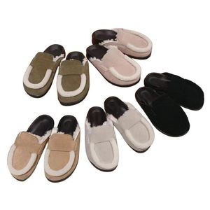 Hausschuhe, luxuriöse Damen-Designer-Schuhe, weiches Fell, Strandschuhe, Briefmarke, Outdoor-Schuhe, Gummiboden, flacher Absatz, Winter-Plüsch-Slipper, einfarbig, Baotou Outdoor