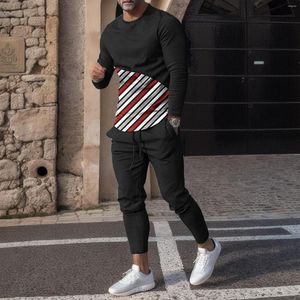 Men's Tracksuits Tracksuit 2 Piece Sweatsuit Set Long Sleeve Striped Color-Matching Tee Shirt Tops Fitness Pant Male Workout Two