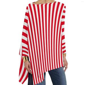Women's T Shirts Candy Striped T-Shirts Red And White Pretty T-Shirt Womens Long Sleeve O Neck Korean Fashion Tops Oversized Custom Clothes