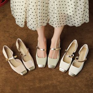 2023 New Summer Sandals Women Fashion Vintage One-Line Buckle Color Matching Heel Mary Jane Shoes Light Cut Single Shoes L0825