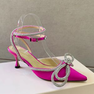 Mach&Mach Real silK Satin dress shoes Rhinestone decoration Ankle strap bowknot pointed toe Women's Party Evening Shoes Luxury designers high heels factory footwear