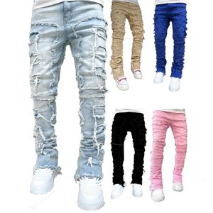 Jeans masculinos rasgados angustiados destruídos reto ajuste denims calças skinny casual moda jeans empilhados remendos jeans presente 230825