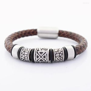 Charm-Armbänder, 8 mm, echtes geflochtenes Lederarmband für Männer, verblasst nie, Edelstahl-Charms, großes Loch, Wikinger-Perle mit Magnetverschluss