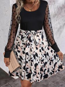 Повседневные платья точка сетка сплайсинг мини -платье с поясом чернокожие женщины 2023 Осенние зимние туалетны
