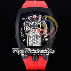 Bugatti Chiron Tourbillon Autoamtic Mens Watch 16 Cylinder Engine Skeleton Dial Black PVD Steel Case Red Rubber Strap Super Edition Eternity Watches BU200.21.AE.AB