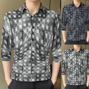 Homens camisetas botão para baixo camisa de verão mens moda casual slim fit lapela impressão sete quartos manga top cabido