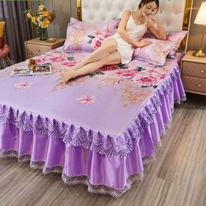 Bed Skirt 3pcs/set(1Bed 2pcs Pillowcase) Quality Home Textile Bedding Bedspread Dust Cover Flowers Design Lace F0518