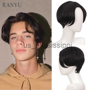 Perucas sintéticas curto ranyu homens peruca sintética reta meio parte natural cabelo preto fibra de alta temperatura para festa diária cosplay x0826