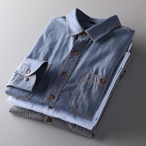 남성 캐주얼 셔츠 제 2 차 세계 대전 재생산 빈티지 미국 해군 데님 샹 브레이 작업 셔츠 남성의 치명적인 실용 230412