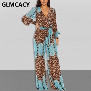 Damen -Jumpsuits Rompers Frauen Langarm Leoparden Chiffon Jumpsuit lässige Overalls T230825