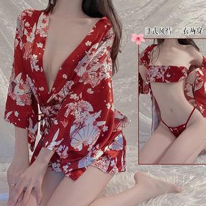 Sexy pijamas kawaii lingerie robe cosplay roupas japonês quimono outfit para mulheres tradicional yukata cinto macio 3 peças conjunto 230825