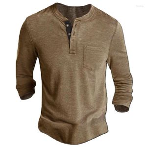 Мужская футболка для футболок Spring Henley V Seck винтажная рубашка с длинным рукавом для мужчин с карманной уличной одеждой
