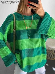 Maglioni da donna Maglioni lavorati a maglia a righe maglioni verde allentato O-collo manica svasata pullover femminile 2022 Autunno inverno caldo maglione casual da donna T230826