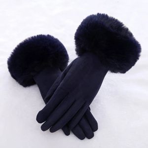 Fingerlösa handskar kvinnlig faux rabit päls mocka läder pekskärm kör handskar vinter varm plysch tjock broderi full finger cykling mitten h92 230826