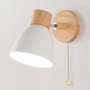 Lâmpada de parede de madeira nórdica com interruptor moderno arandela para quarto sala de estar iluminação doméstica macaroon 6 cores cabeça de direção e27
