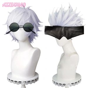 コスプレウィッグアニメ柔術kaisen gojo satoru cosplay wig short fluffy layered耐熱性合成髪のウィッグスアイパッチグラス230826