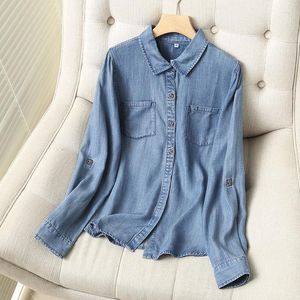 Kadın Bluzları 2023 Bahar Arts Style Kadınlar Uzun Kollu Dönüş Yaka Tek Göğüslü Girmiş Gömlek Pamuk Denim Gevşek Bluz C937