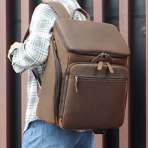 Sacos de portátil masculino mochila de couro camada superior couro duplo bolsa de ombro retro elegante negócios masculino 156 