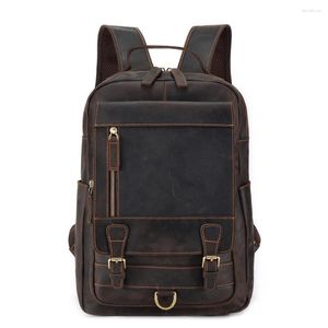 Skolväskor Retro Crazy Horse Leather Läder Mäns ryggsäck 15.6 tum Laptop Bag Travel Ryggsäckar Skolväskor Kohude Male Daypack Shoulder