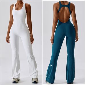 LL-8117 Womens Jumpsuits One Piece Yoga Outfits Bell-bottoms Pants Sleeveless Close-fitting Dance Jumpsuit Exercise Long Pants Breathable