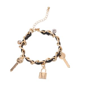 Key rhinestone lock pendant bracelet women's leather personalized hand jewelry