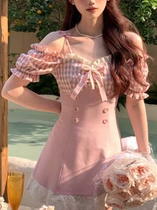 Rosa japanische Kawaii elegante Dres Plaid Korea süße Party Minikleid weiblich schulterfrei Französisch Sommer 230808