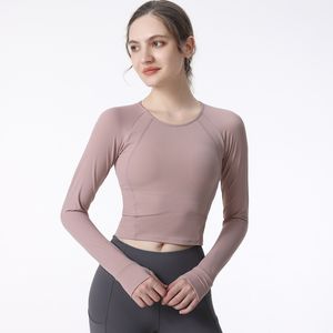 Yoga tops t shirt lu long sleeved with chest pad womens running training quick dry gym clothes tight midriff-baring fitness suit pink 3Y5X