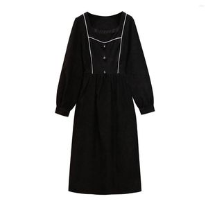 Casual Dresses Women 2023 Spring Plus Size Corduroy Dress Square Collar Long Sleeve High Waist Pleated Party Fashion Black Clothing