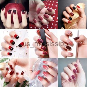 False Nails 24Pcs Elegant Wine Red Christmas New Year Fake Nails Press on Nail Artificial Nail Tips with Glue Sticker Faux Ongles Unhas Gift x0826