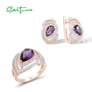 Sets Santuzza Sier Jewelry Set for Women Pure Sterling Sier Purple Stones White Cz Ring Earrings Set Trendy Fine Jewelry