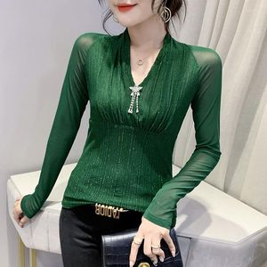 Women's T Shirts 2023 Fall Winter European Style T-shirt Women Chic Sexig V-ringning Patchwork Shiny Diamonds Tops Långärmad elastisk tees 38058