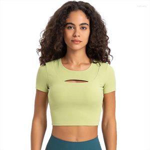 Active Shirts Round Neck Ribbed Yoga Crop Top Short Sleeve 2 In 1 Gym Workout Tops Built Bra Padded Running Fitness Sports For Women