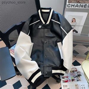 Men's Retro Black White Contrast Color Short Jacket Baseball Uniform Women Spring Autumn Vintage Single-breasted Leather Jackets Q230826