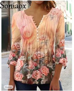 Camiseta feminina Primavera Summer Summer Casual estampa floral Planteado camisa de fundo fêmea V de pescoço de sete pontos Blusa Mulheres de Mulheres Novas Tops T230826