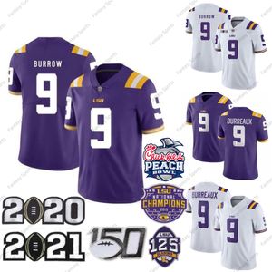 BURREAUX 9 JOE BURROW LSU TIGERS Football Jersey College Mens 스티치 Jerseys Purple White 125th 150th Sec All Stitch 자수