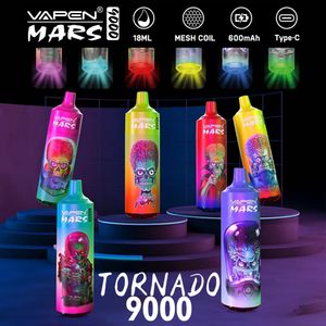 Authentic VAPEN MARS Tornado 9000 Puffs Disposable E Cigarettes Vape 18ml Mesh Coil 850mAh Battery 0% 2% 3% 5% Rechargeable Electronic Cigs No Leaking 9k Puff Huge Vapor