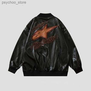 Moto Men Pu Leather Jacket Biker American Baseball Uniform Women Spring Windbreaker Coat Autumn Outerwear Hip Hop Black-H Q230826