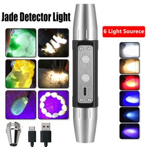 المصابيح الضوئية مشاعل 6 مصادر الضوء التفتيش Jade مصباح 365 395NM UV الأشعة فوق البنفسجية USB الكاشف القابل لإعادة الشحن للمجوهرات الزمردية 230826