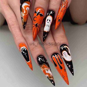 False Nails Halloween False Nails Spider Web Ghost Funny Nail Sticker Bat Blood Drops Fake Nails Set Press On Long Pointed Stiletto Nail Art x0826