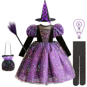 Cosplay Luxury Winter Halloween Girls Purple Witch Costume Kids Shining Star Tulle Princess Masquerade Birthday Party Dresses With Props 230825