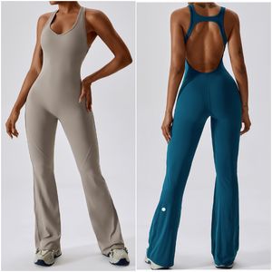 LL-8117 Womens Jumpsuits One Piece Yoga Outfits Sleeveless Close-fitting Dance Jumpsuit Long Fast Dry Breathable Bell-bottoms Pants