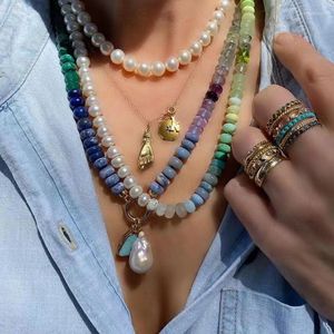 Gargantilha boho semi-preciosa pedra corda atada colar pérola de água doce birmanês jade aquamarine colar misto jóias étnicas presente
