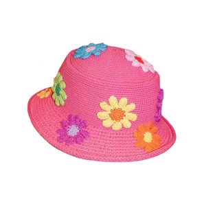 Breite Krempe Hüte Eimer Douhoow Frauen Gestrickte Fischer Hut Blume Outdoor Sonnenschutz Kappe Sommer Strand Häkeln Stickerei Caps 230825