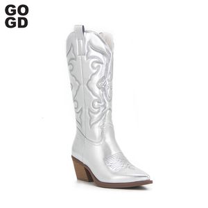 Botas Gogd Cowboy Rosa Cowgirl para Mulheres Moda Zip Bordado Apontou Toe Chunky Heel Mid Bezerro Western Shinny Sapatos 230826