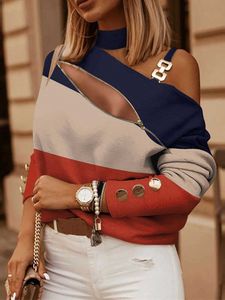 女性用ブラウスシャツ春のエレガントな肩の印刷ブラウスシャツの女性半分高いカラープルオーバートップ秋の女性ファッション長袖Blusa T230825