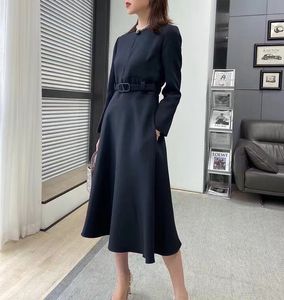 Basic Casual Dresses 2023 Spring Long Sleeve Fit and Flare Silk Wool Blend Formal Midi Dress 230826