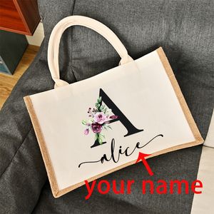 Sacos de noite nome personalizado serapilheira tote personalizado dama de honra despedida de solteira festa de noiva meninas presentes de viagem lona juta shopper 230826